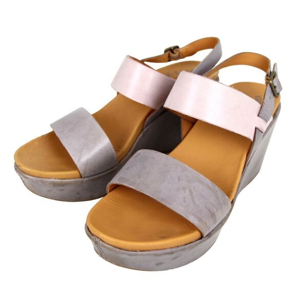 Kork-Ease GRAY PINK GENUINE LEATHER OPEN TOE HIGH HEEL WEDGE SHOES Sz 8M - Picture 3 of 11